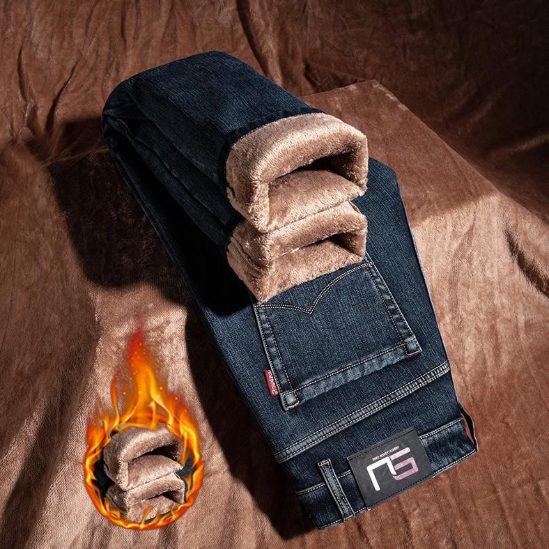 Jeans high-end pants autumn and winter elastic fleece straight-leg pants