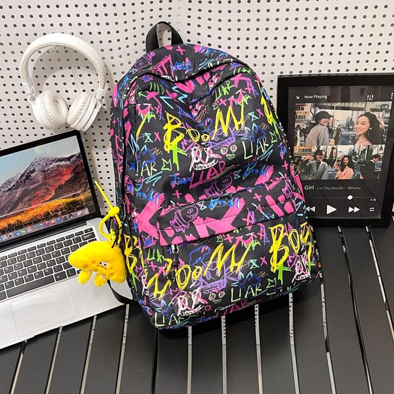 Schoolbag Backpack Men's 1 Trend Graffiti ins Large Capacity Fashion Printing Student Women's Backpack Waterproof and Wear-resistant White Ditch