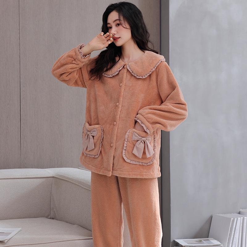 Ensemble de Pyjama d'Hiver en Flanelle pour Femme - Cardigan Mignon, Manches Longues, Vêtement d'Intérieur Chaud et Confortable