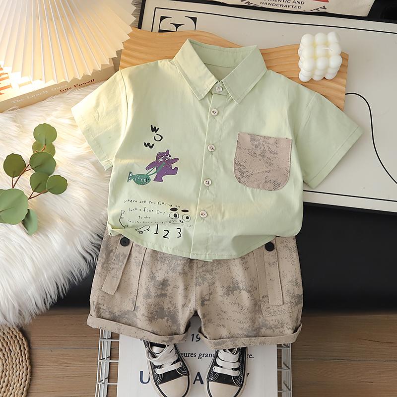 Boys' short sleeved two-piece set with cartoon printed shirt and casual shorts High-quality clothes for Boys