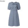 ZANZEA Women Bows Collar Summer Casual Short Sleeve Grid Print Dress