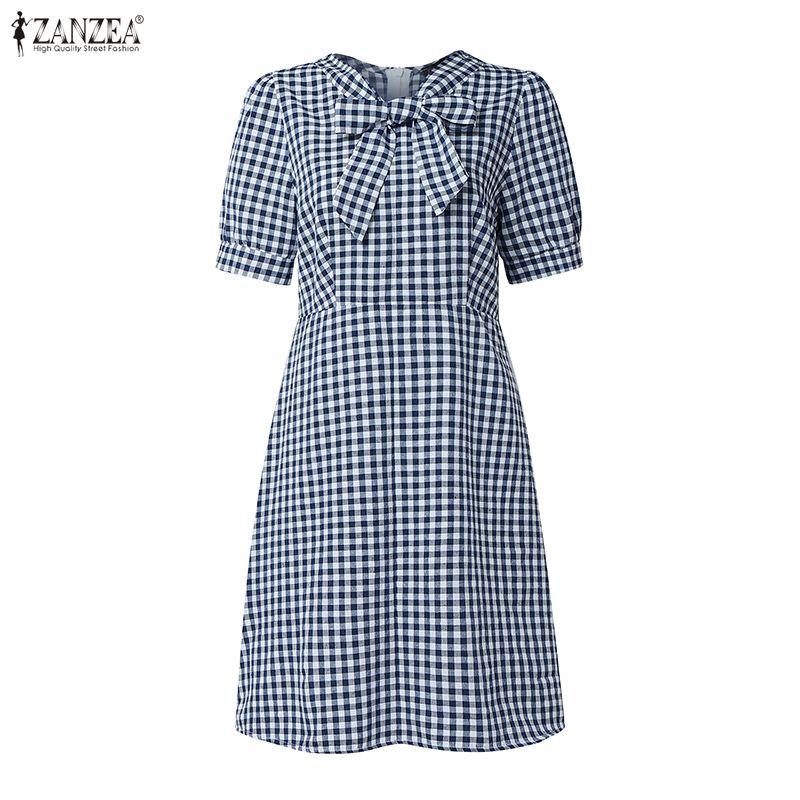 ZANZEA Women Bows Collar Summer Casual Short Sleeve Grid Print Dress