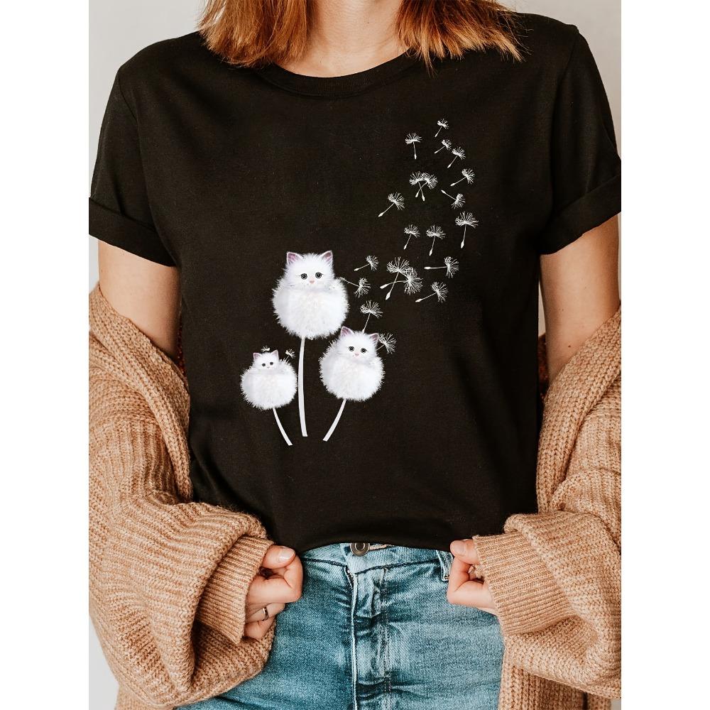 

Creative Cat Fur and Dandelion Print Summer Women s T-shirt Top Short Sleeved Round Neck Casual Summer Women s Clothing S