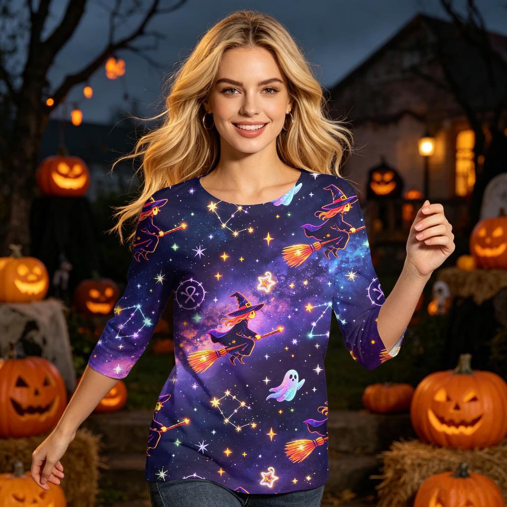 Women's Casual 3/4 Sleeve Halloween Printed Round Neck Top Lightweight Comfortable Fit Soft Fabric Pullover Shirt for Seasonal Wear