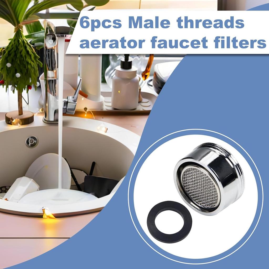 6 Pcs Faucet Aerator 15/16 Inch 24mm Replacement Aerator Male Stainless Steel Water Filter for Kitchen Sink With Gasket and Sealing Tape
