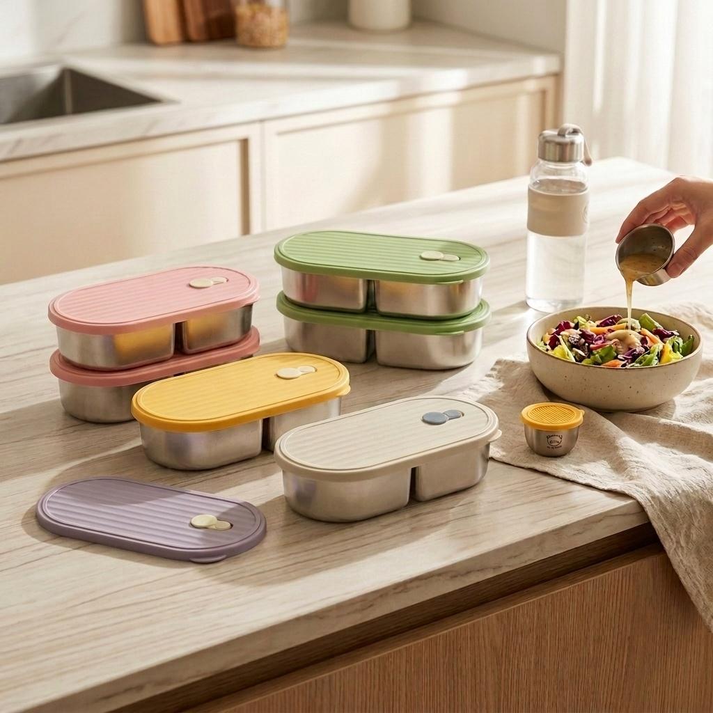 304 Stainless Steel Lunch Box With Sauce Box School Portable Sealed Divided Bento Box Fruit Salad Food Container For Students