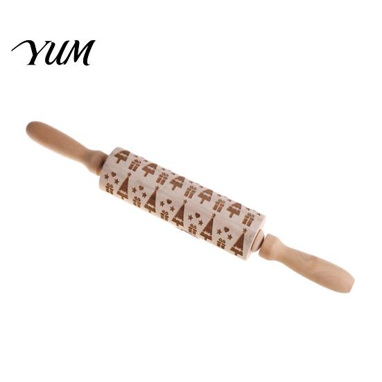 Wooden Dough Roller for Cookies Christmas Pattern Engraved Rolling Pin, Non-slip Handle Party Baking Supplies Roller, Decorative Kitchen Tool Embossed
