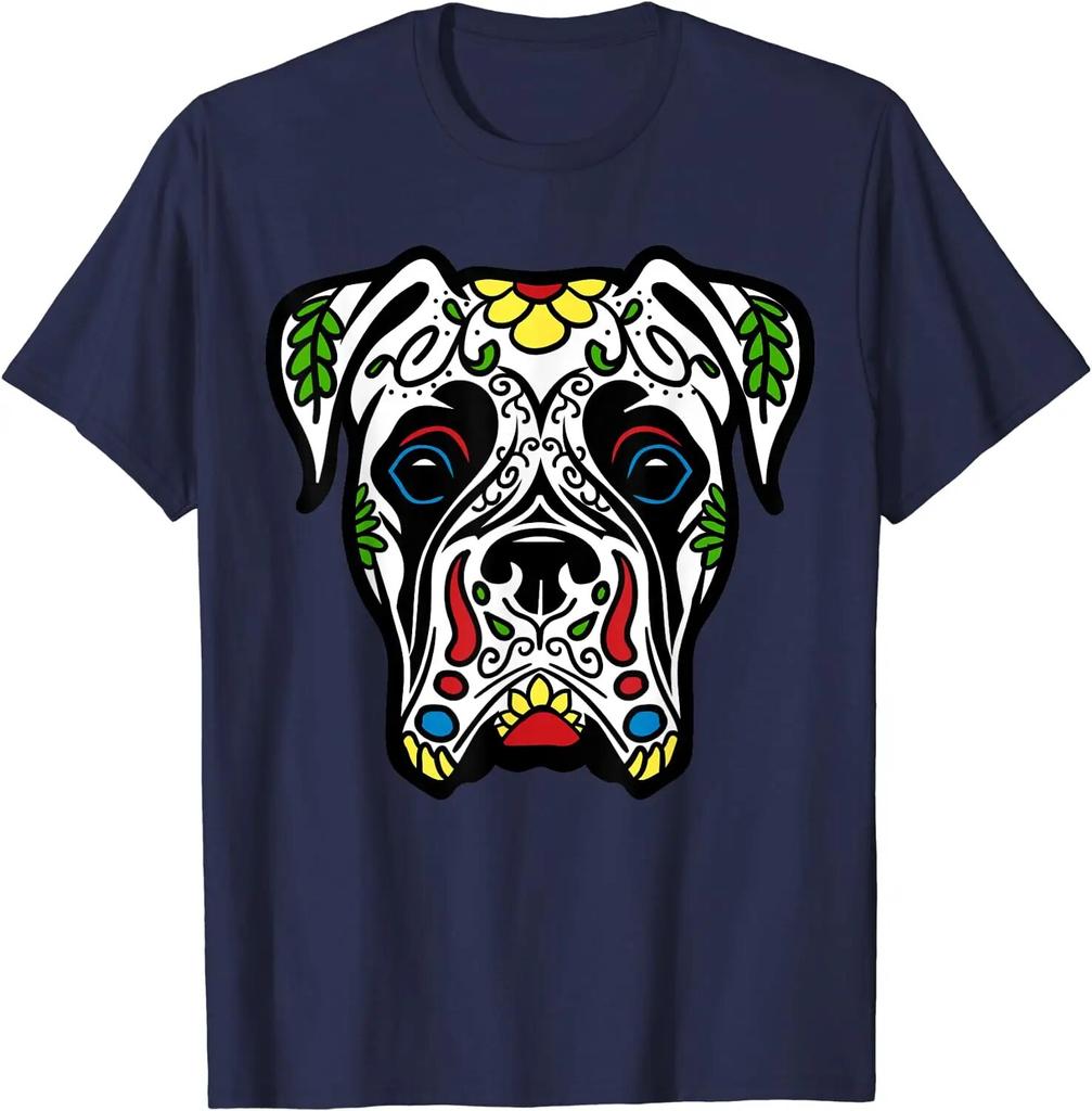 Boxer In White Dead Sugar Skull Dog Gift T-Shirt Casual Short Four Seasons Shirts for Unisex Women Kids Halloween Shirts Mexico