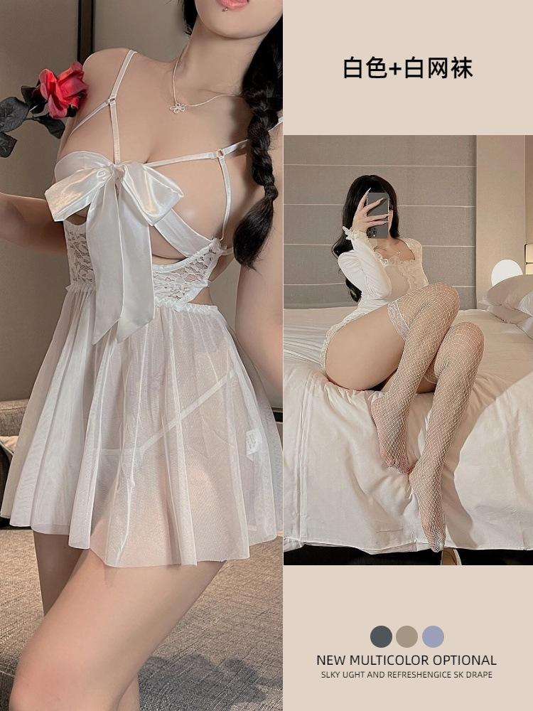 Strap milk leakage lingerie women's sexy suspender skirt large size bow princess wind mesh