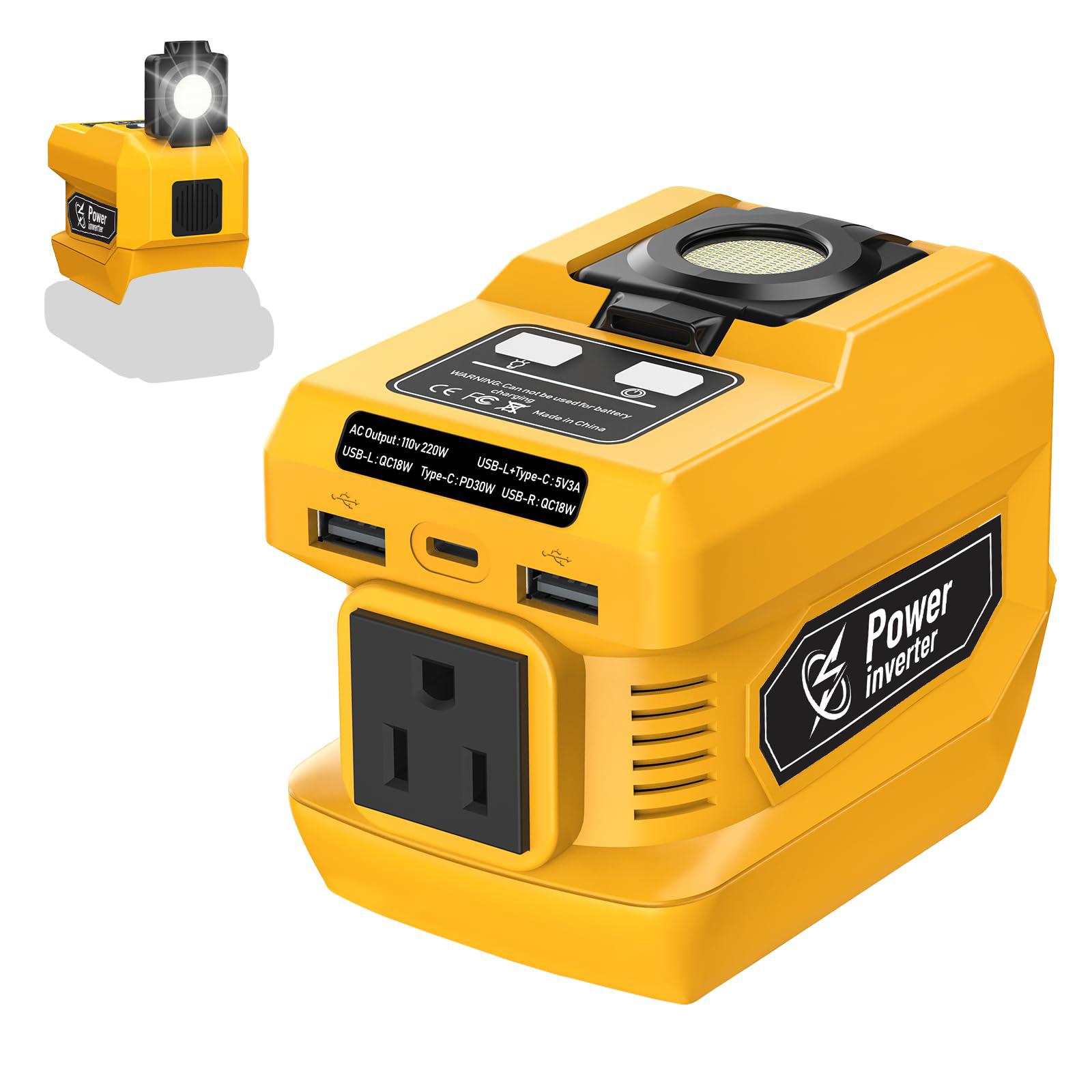 Azocek 220W Portable Power Inverter Compatible with Dewalt20V Battery, 20V to AC 110V, with 4 Output&300LM LED, Inverter for Car for  DeWalt