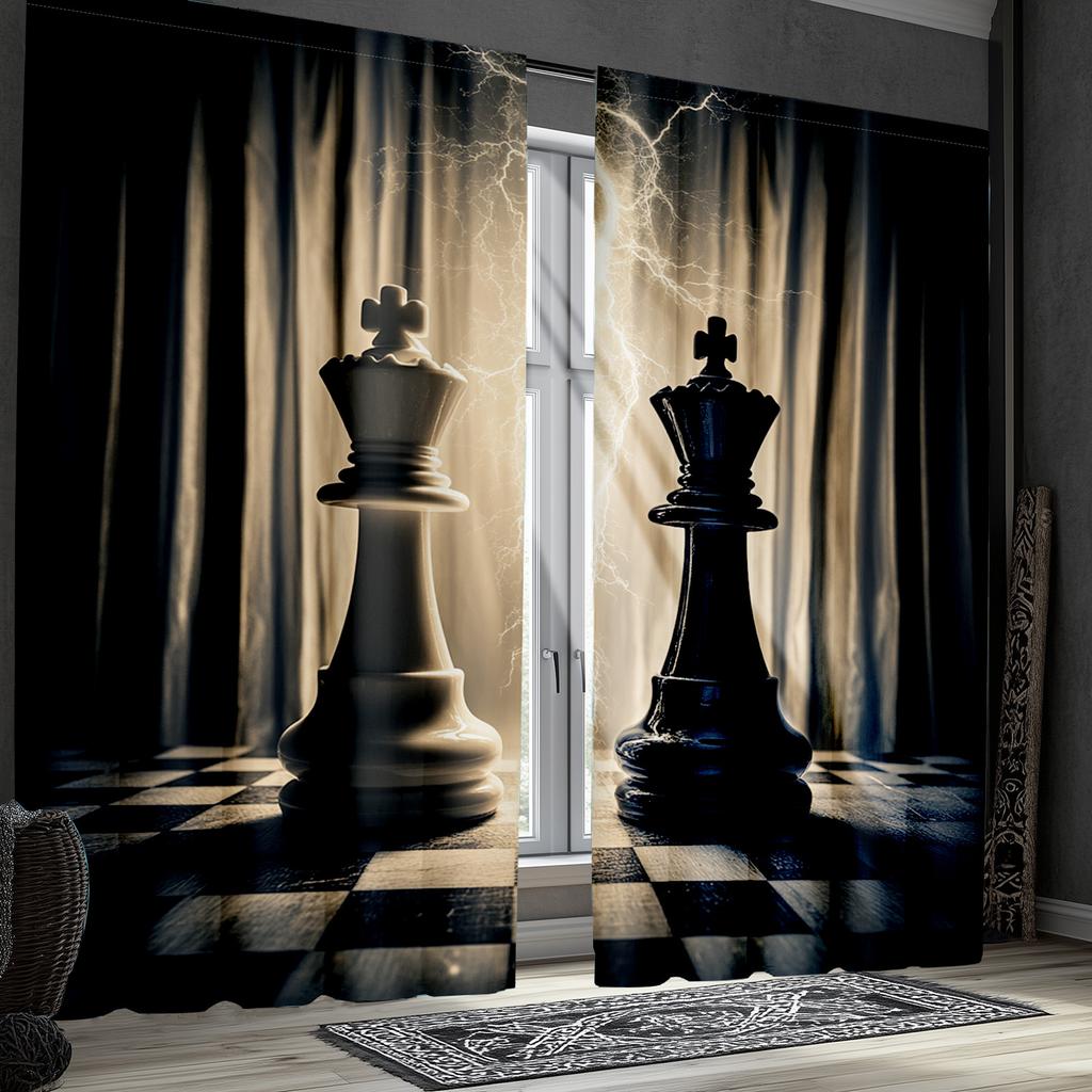 Chess Game Print Curtains Black White Polyester Window Treatments Bedroom Living Room Decor Curtain Set Of 2 Classic Made Washable Sitting Ready