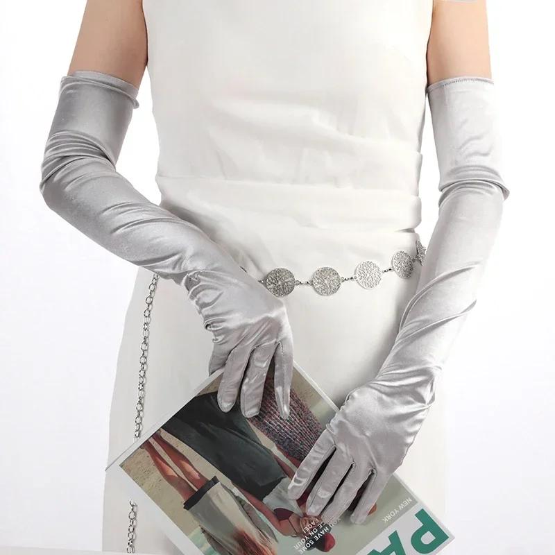 55CM Ceremonial Satin Long Stage Performance Multicolor Women Gloves Ball Accessories Cosplay Soft Smooth Solid High Stretch