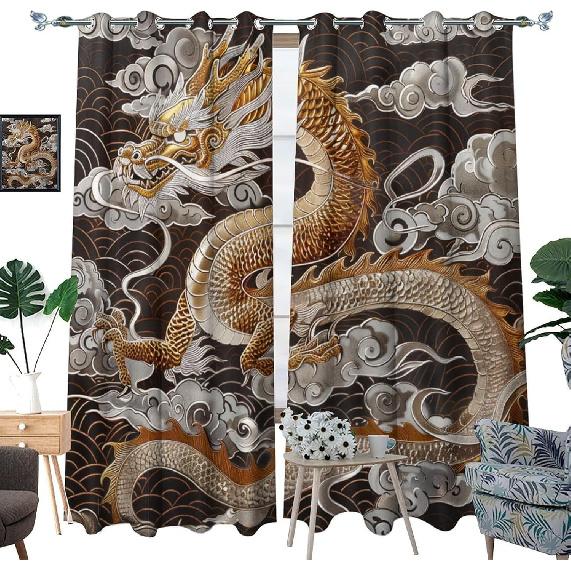 Traditional Chinese Dragon Blackout Curtains, Fantasy Cloud Golden Asian Grommet Thermal Insulated Curtains Window Drapes for Bedroom Living Room, 2