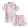 Couple pajamas men's and women's pure cotton summer Japanese plaid unprinted cotton yarn thin short-sleeved shorts loungewear set