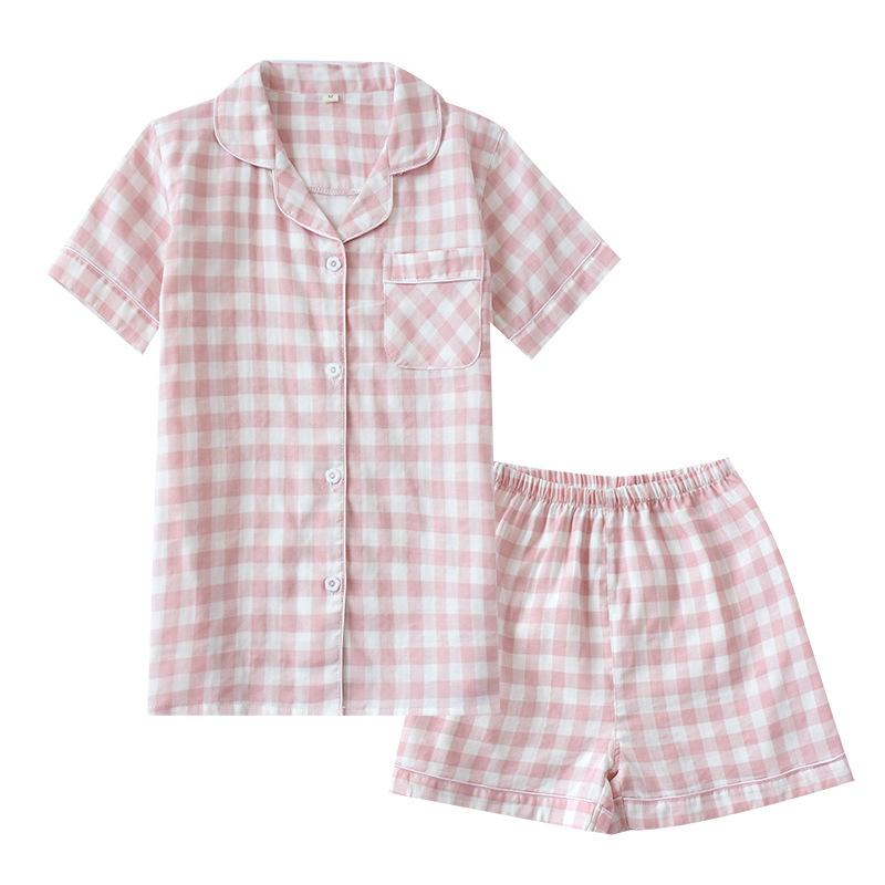Couple pajamas men's and women's pure cotton summer Japanese plaid unprinted cotton yarn thin short-sleeved shorts loungewear set