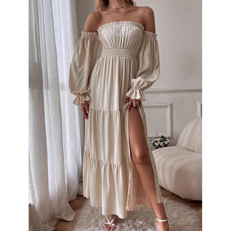 New Year's Eve One-word Collar Off-the-shoulder Ruffle Edge Long-sleeved High-split Dress