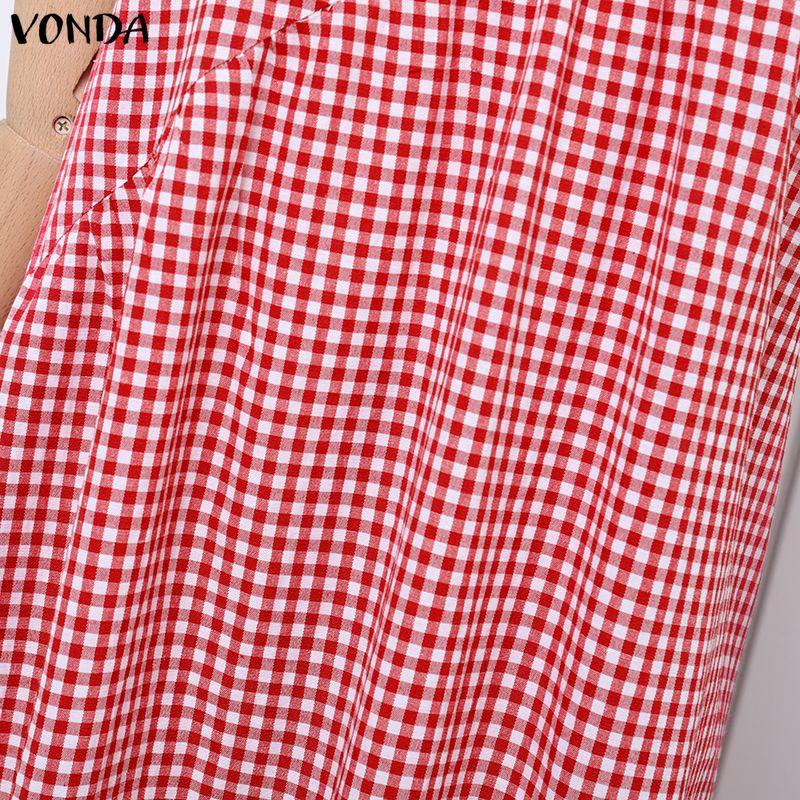 VONDA Summer Women Sleeveless Strap Plaid Print Casual Long Dress Sundress