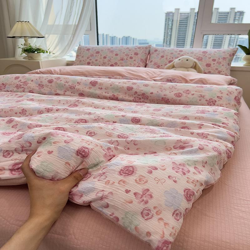 Ins wind bed four-piece spring small fresh quilt cover cartoon washed cotton bed sheet school dormitory bed three-piece set