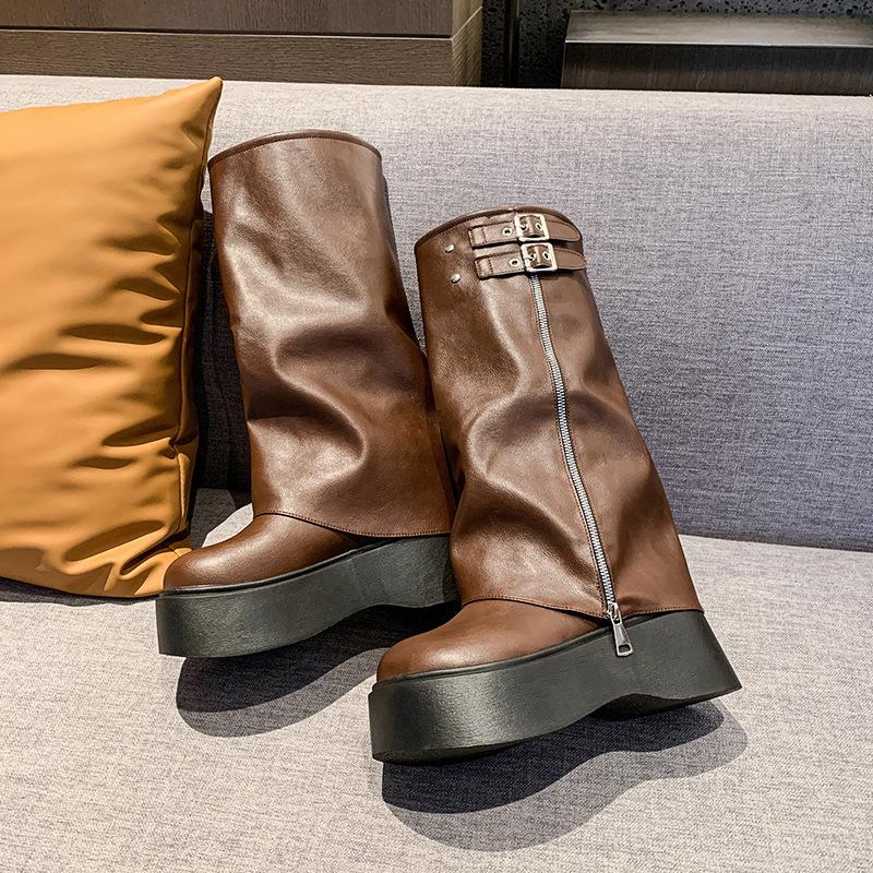 Small Thick-soled Boots Women's Thick-legged Autumn and Winter Boots High-heeled Western Leather Boots, Trousers Stacked High Knight Boots