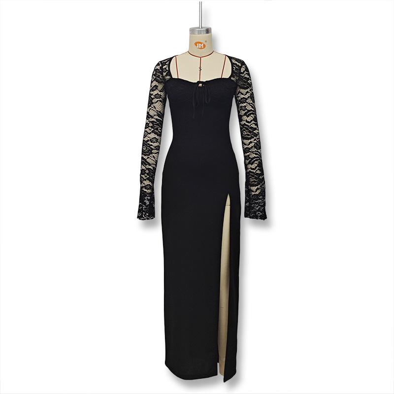 Women's Autumn/winter Lace Splicing Long Sleeve Sexy Slit Slim Dress Dress