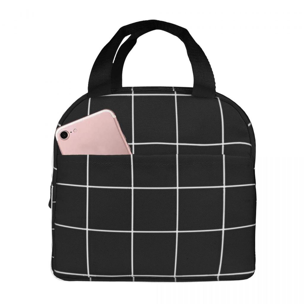 Black Checkered Insulated Lunch Bag for Women Kids Portable Food Boxes Thermal Lunch Box Tote