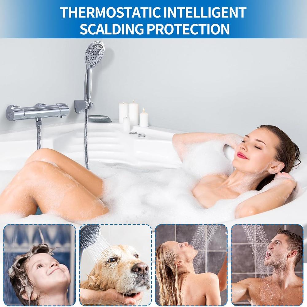 Shower Faucet with Thermostat - Cleaning Mixed Battery Shower with 38°C Safety Button, Chrome Mixed Battery Shower, Thermostat Faucet Stainless Steel