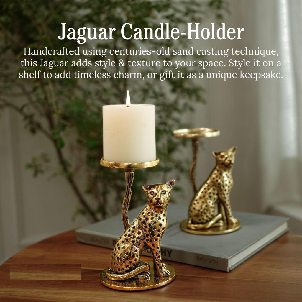 Aluminium Brass Finish Jaguar Pillar Candle Holder Statue for Home Decor | Tabletop Showpiece for Diwali Navratri Decoration |
