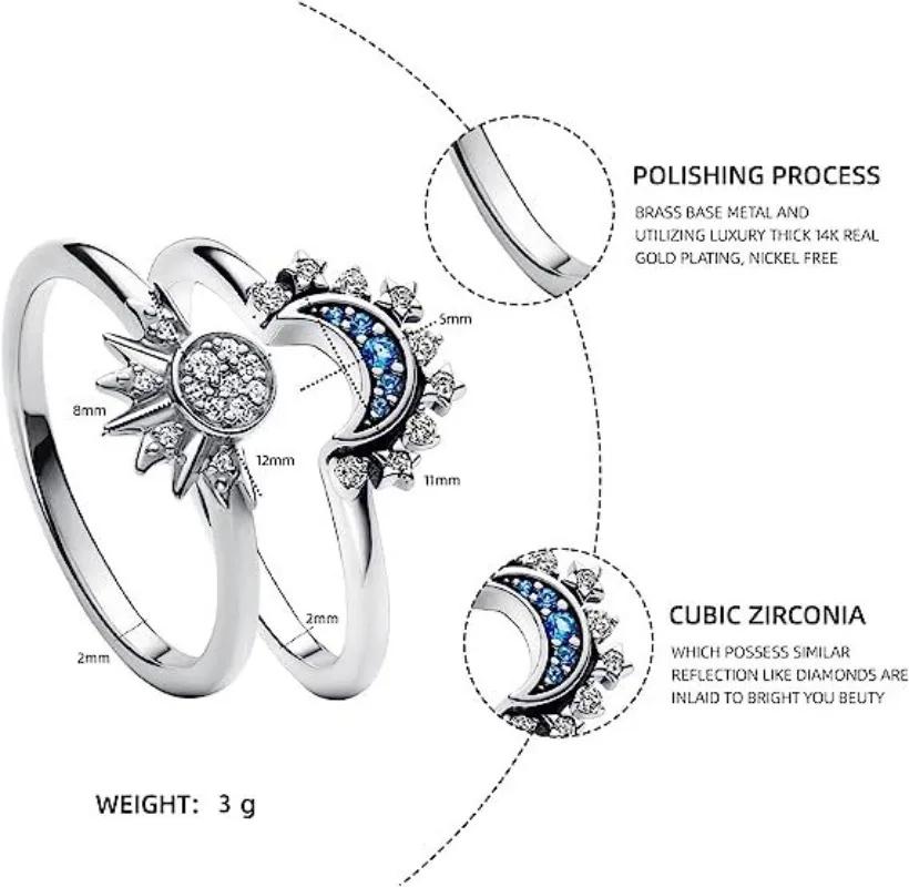 2Pc/Set Summer Couple Ring Set Sky Blue Sparkling Moon And Sun Ring  New Women'S Stackable Finger Set Engagement Jewelry