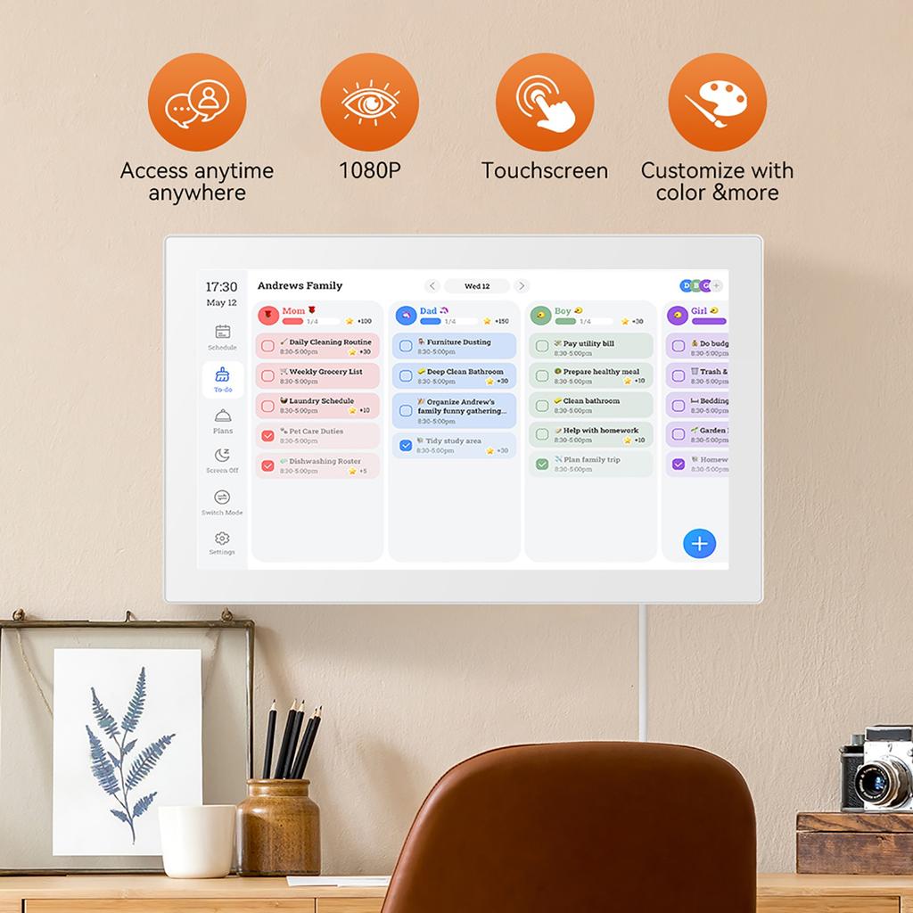 Digital Calendar Planner 15.6 Inch 1080P Full HD Touch Screen Interactive Wall Desk Mount Seamless Scheduling Chore Chart
