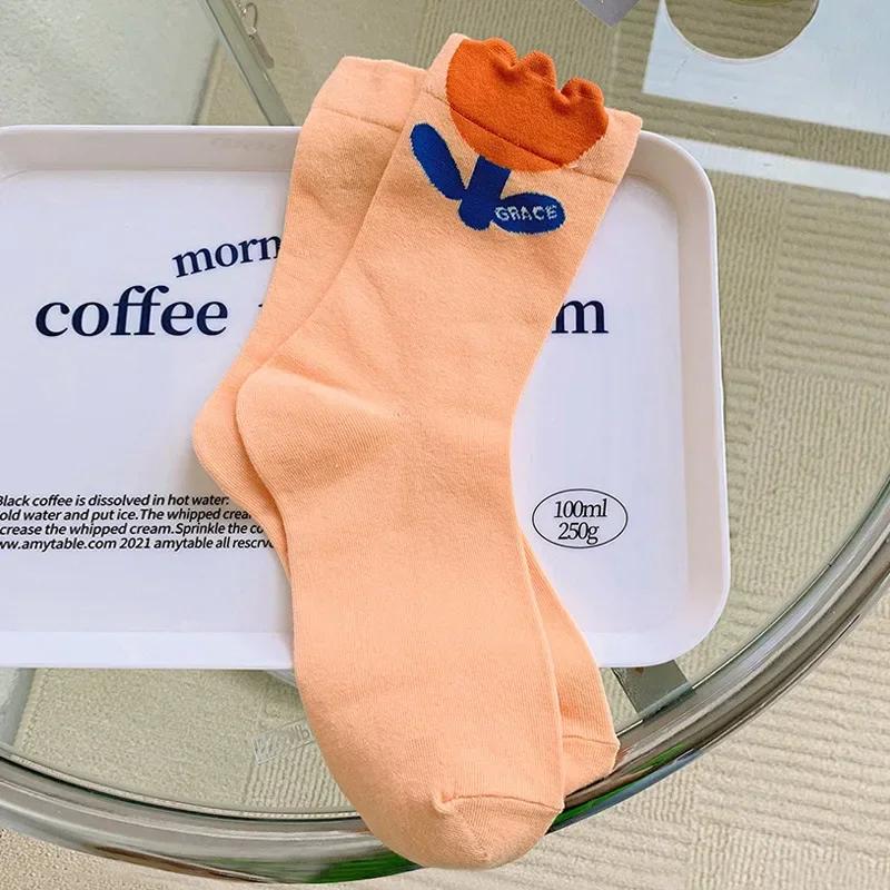 Women Socks Korean Japanese Style Cartoon Green Flower Harajuku Cute Kawaii Mid Tube Socks Breathable Casual Short  Cotton Socks