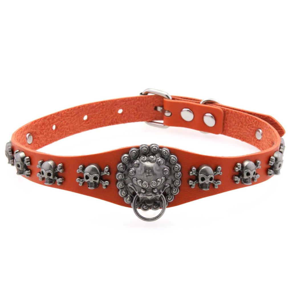 Skull & Lion Pendant Choker, Unisex Punk Leather Hanging Ring Clavicle Necklace