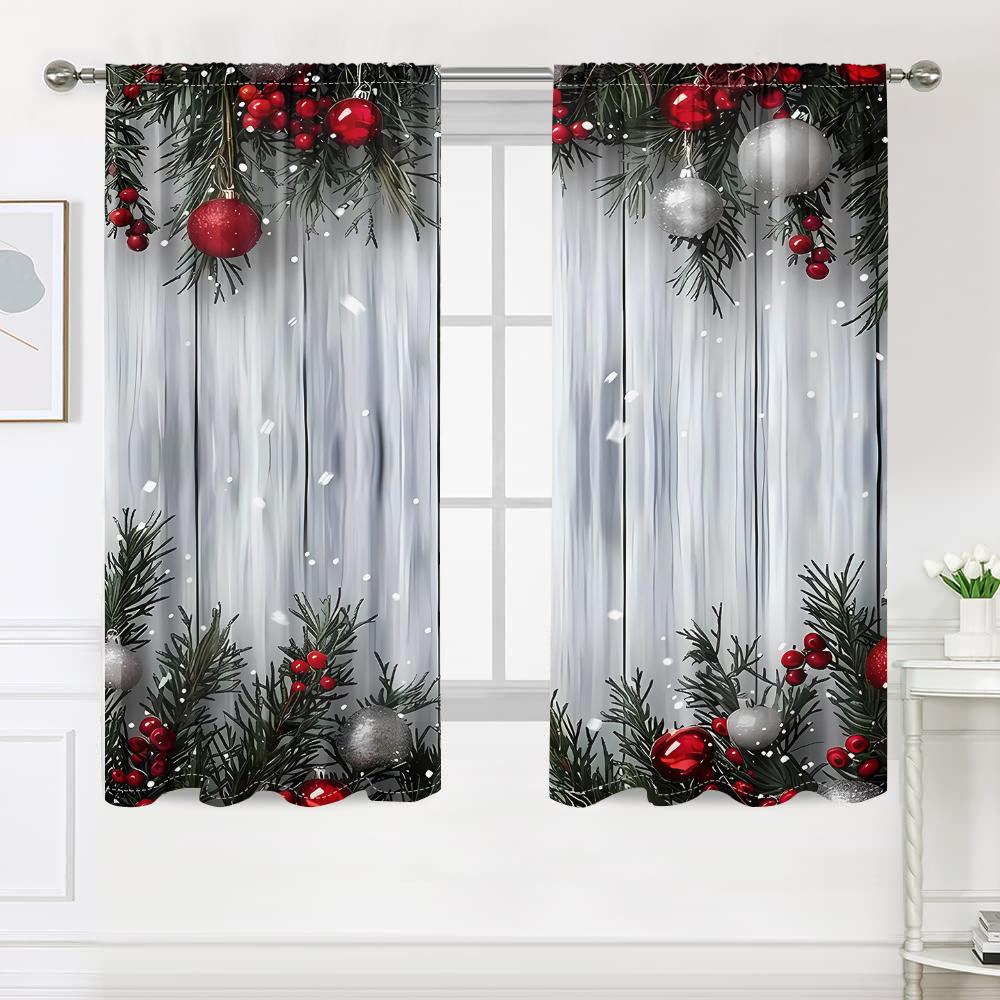 2 Pieces, Christmas Ball Wooden Background Curtains -30% Blackout - Suitable for Living Room, Bedroom, Kitchen, Home Decoration