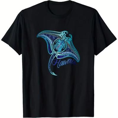 Men's Hawaiian Tribal Manta Ray Print T Shirt Cotton Relaxed Fit Short Sleeve Shirt Manta Ray Tribal Design Black Casual Shirt