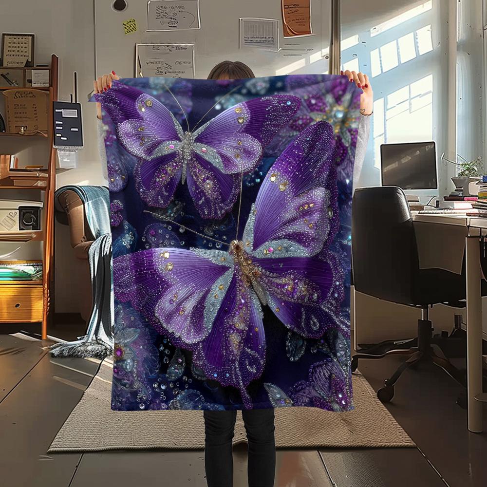 Purple Flower Butterfly  Print Flannel Blanket, High quality Comfortable for All Seasons, Home Decor, Warmth and Comfort