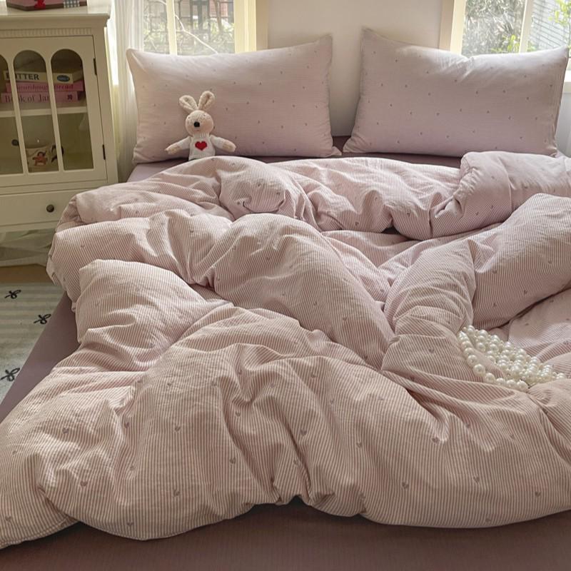 G5Z25 Jacquard Four-Piece Nude-Sleep Bedding Set with Cloud-Feel Double-Layer Gauze for Girls, Includes Duvet Cover and Fitted Sheet