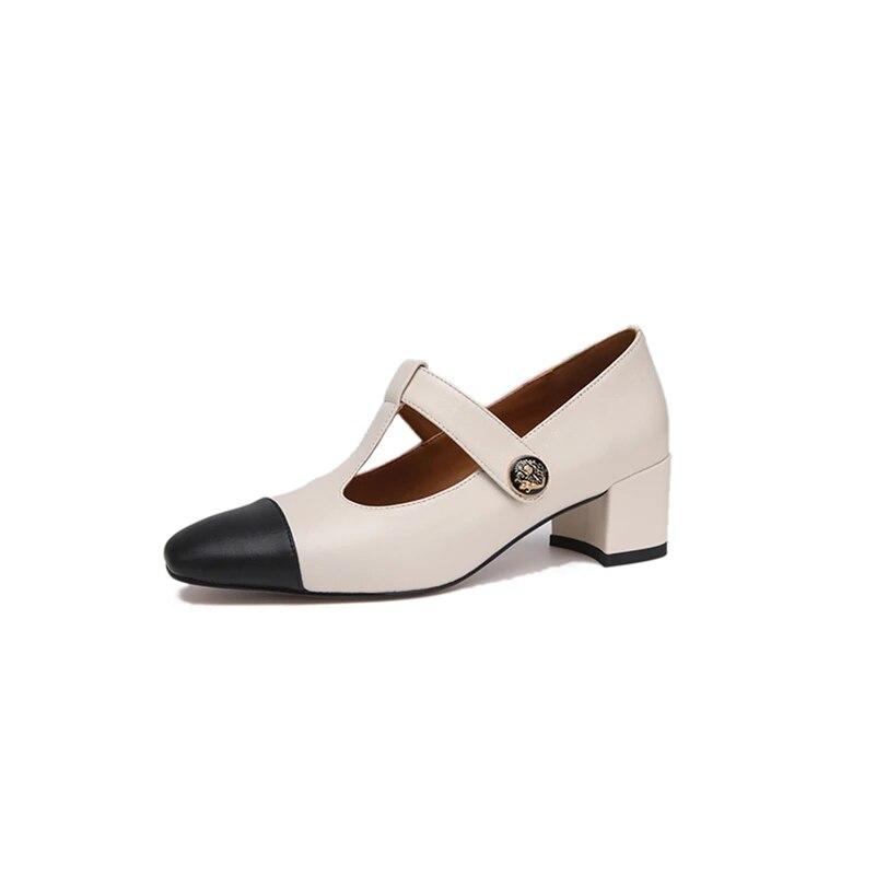 

Meotina женские туфли-лодочки Мэри Джейн из натуральной кожи с круглым носком на толстом среднем каблуке, разноцветные женские модные туфли с Т-образным шнурком, весна-осень 34 бежевый