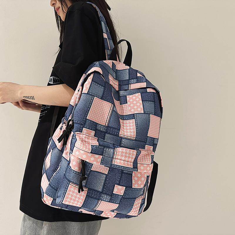 Student Schoolbag Contrast Color Women's Denim Backpack Large Capacity Backpack