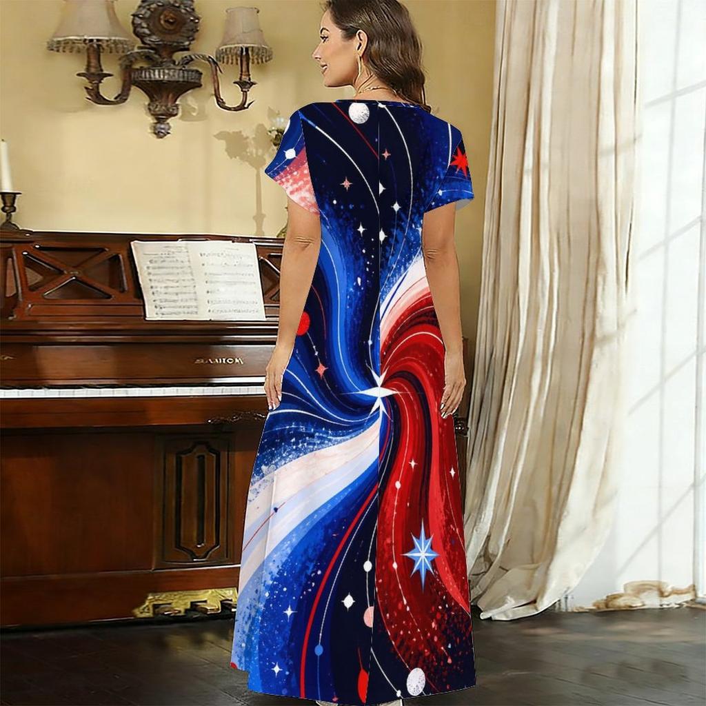 Women Plus Size V Neck Short Sleeve American Eagle Flag Printed Straight Maxi Dress