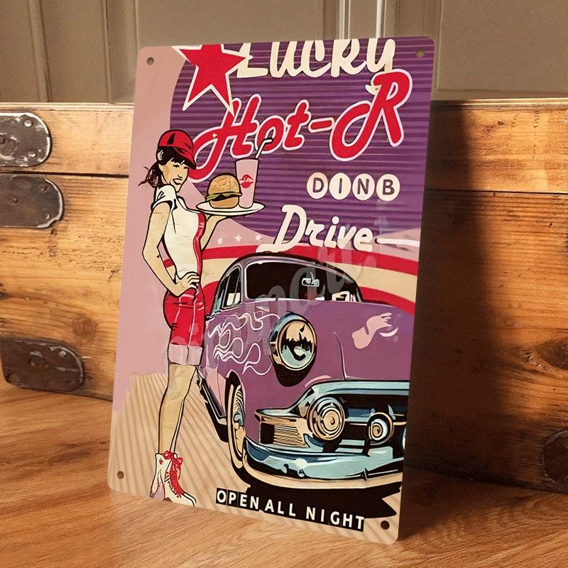 1 piece of American retro car restaurant tin plaque, classic 1950s hamburger girl decorative painting, living room/bar wall art, (as the picture,20x30cm)