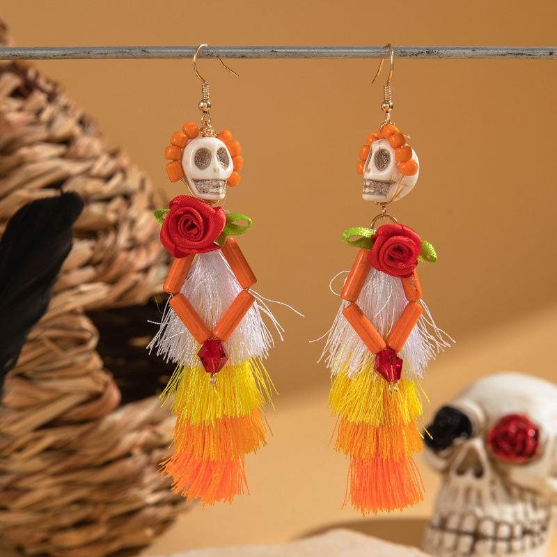 Halloween, Divertenti Divertenti Orecchini con Tassel Teschio Perline di Riso Creativi Orecchini a Rosa