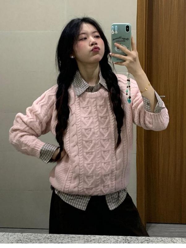 Korean Style Pink Cable Knit Sweater - Women's Autumn/Winter Cardigan with High-End Feel