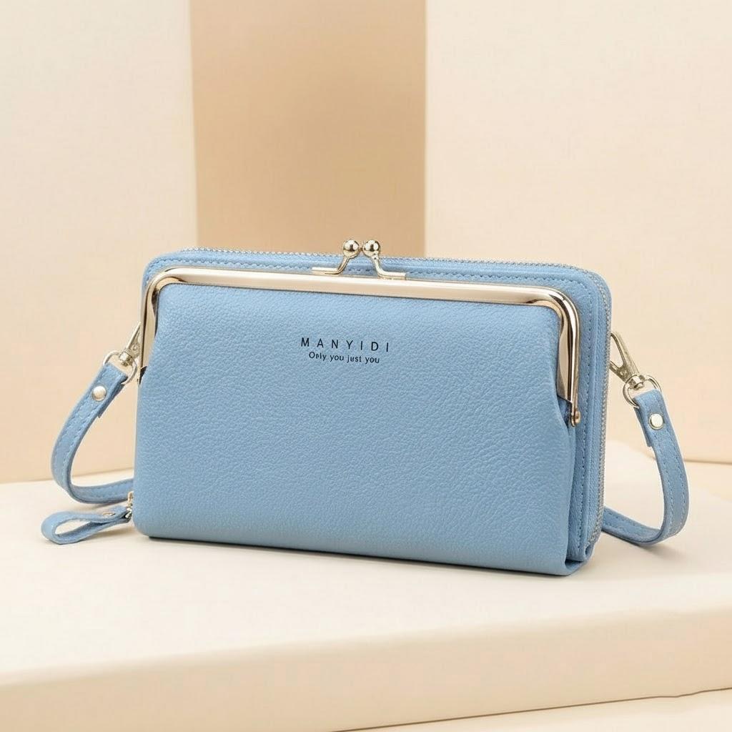 

Ladies Double Layer Mobile Wallet Casual PU Leather Crossbody Bag Clutch Handbag for Travel Everyday Use синій