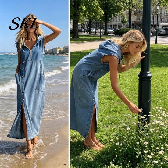 Everyday Wear Dress Women's Sleeveless Hoodies Maxi Dress, Button Up Side Slit Tank Beach Women with Pockets, Zip V Neck Hooded Summer Lightweight
