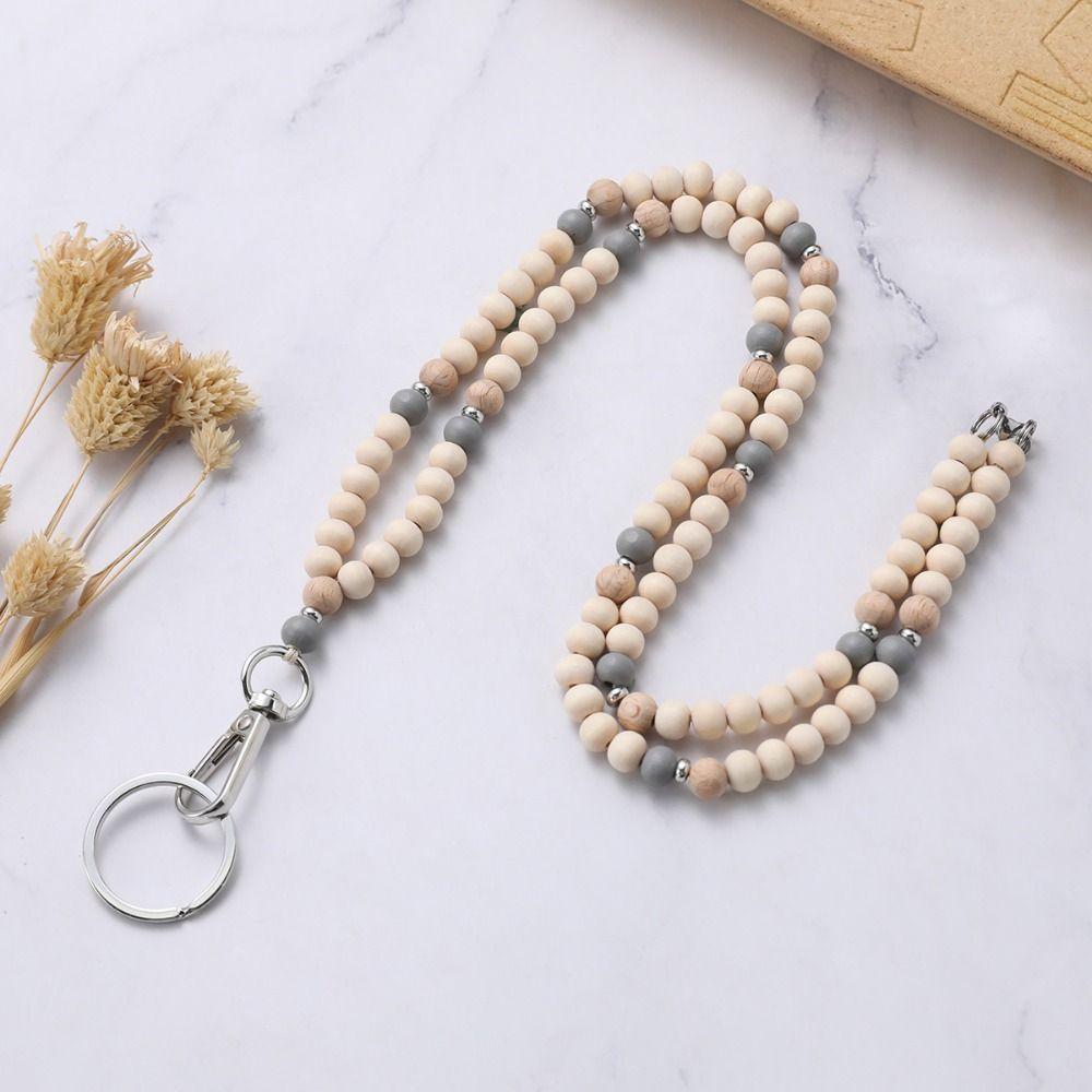 Retractable ID Badge Holder Lanyard Natural Wood Bead Bead Teacher Lanyard  School Use