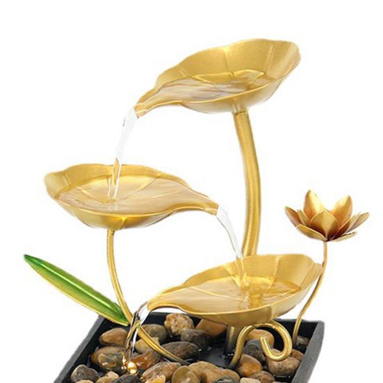 Yousheng Gold Tabletop Water Fountain 3-Tier Waterfall Fountain with Light Indoor Lotus Desktop Small Fountain with Rocks for Zen Home Office Bedroom