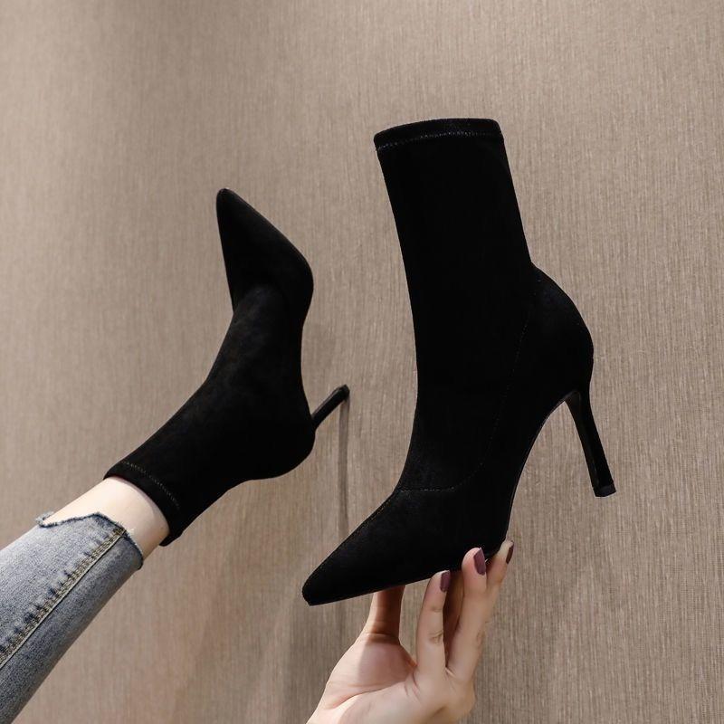 Fashion pointed elastic thin Martin boots thin heel boots children's high heel short boots thin women's boots autumn and winter new