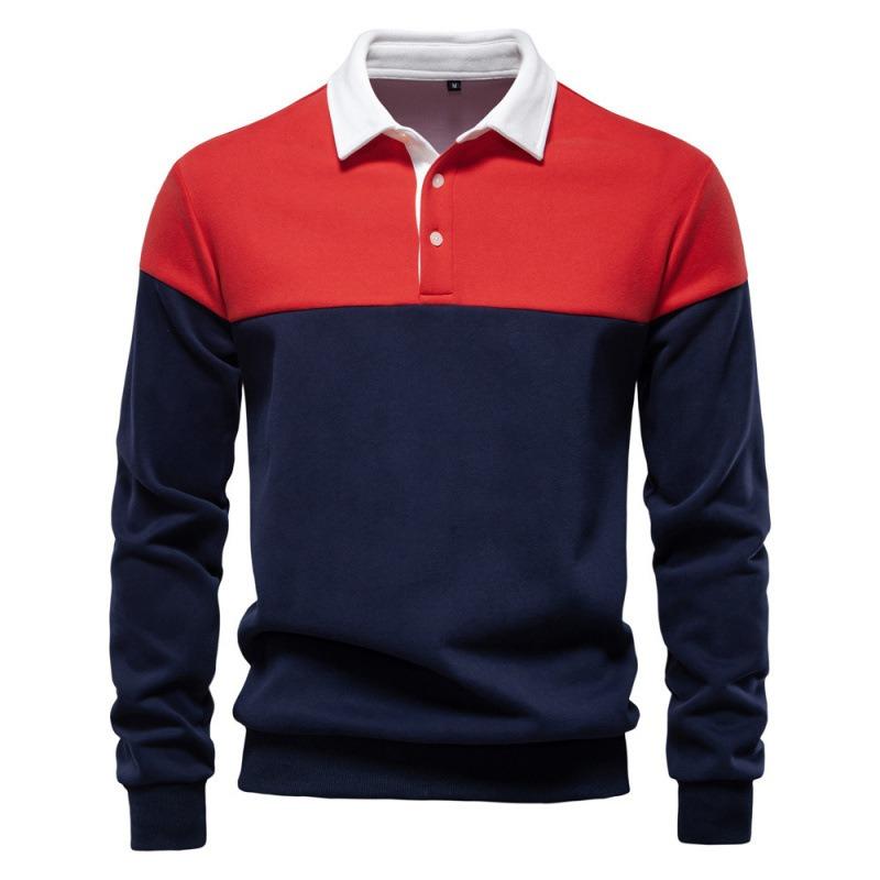 Men's Collared Pullover Sweatshirt, Loose Fit Color Block Long Sleeve Sweatshirt, Ribbed Cuffs Casual Spring Fall Top