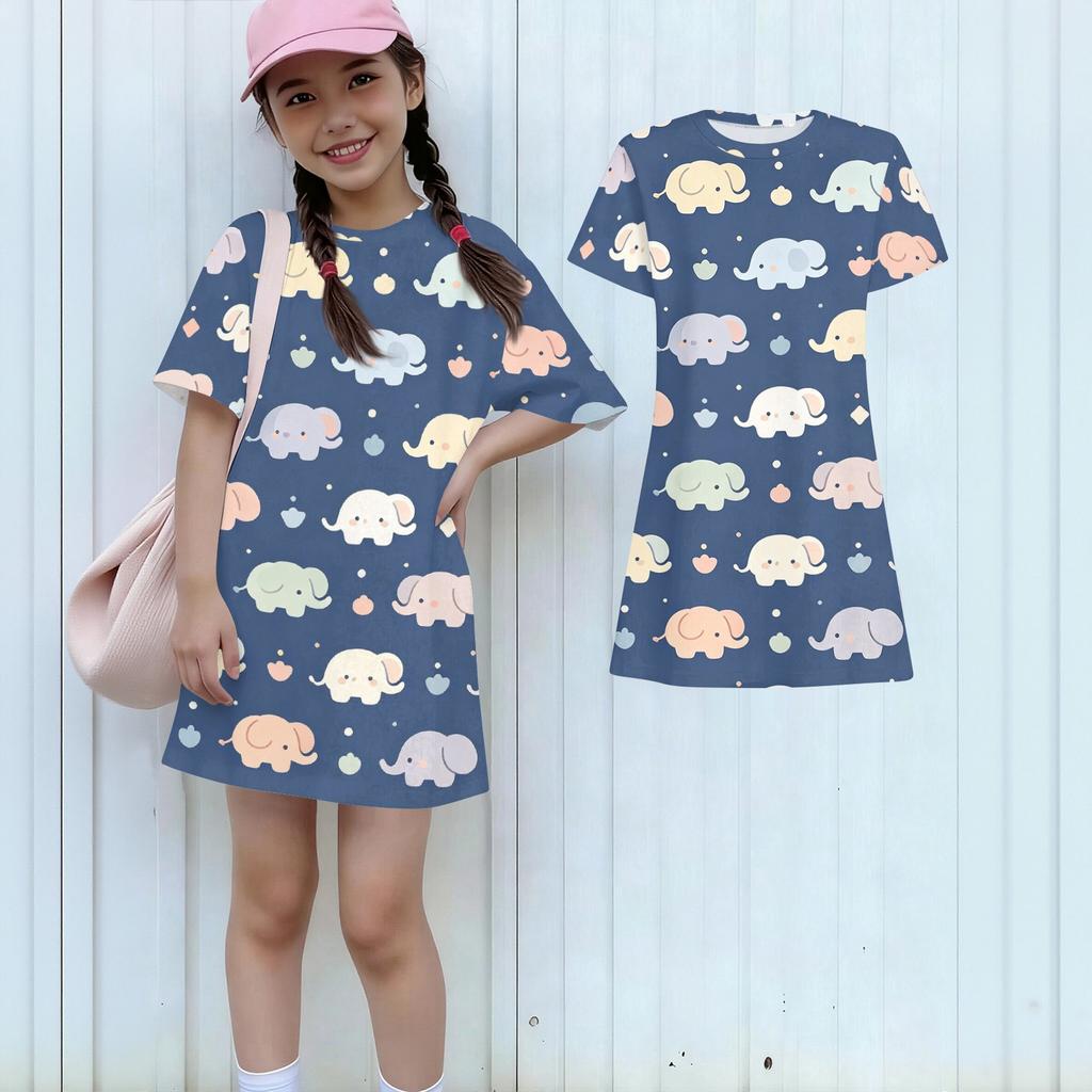 Girls Loose Fit Short Sleeve Dress Animal Print Lightweight Casual Round Neck Summer Dress for Kids