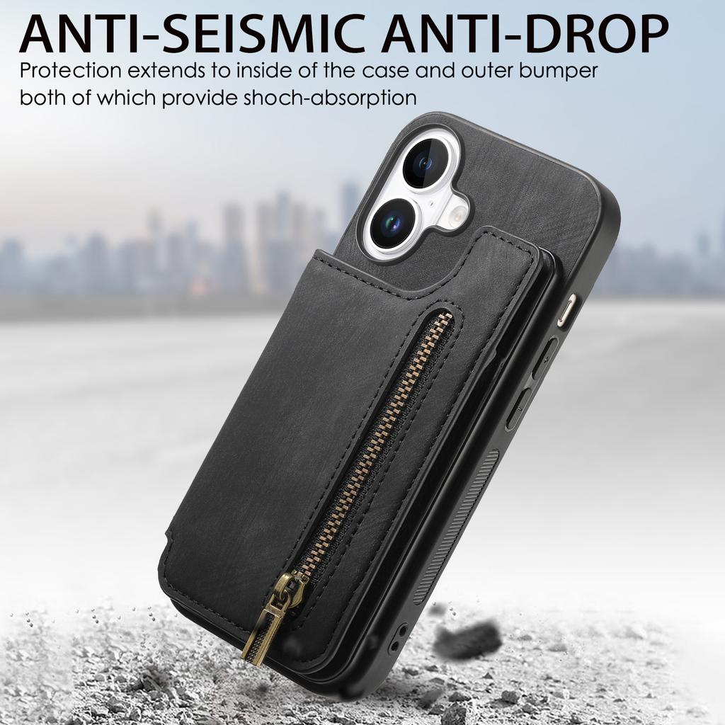 For iPhone 16 Pro Case with Card Holder Retro Leather+TPU Zipper Phone Cover