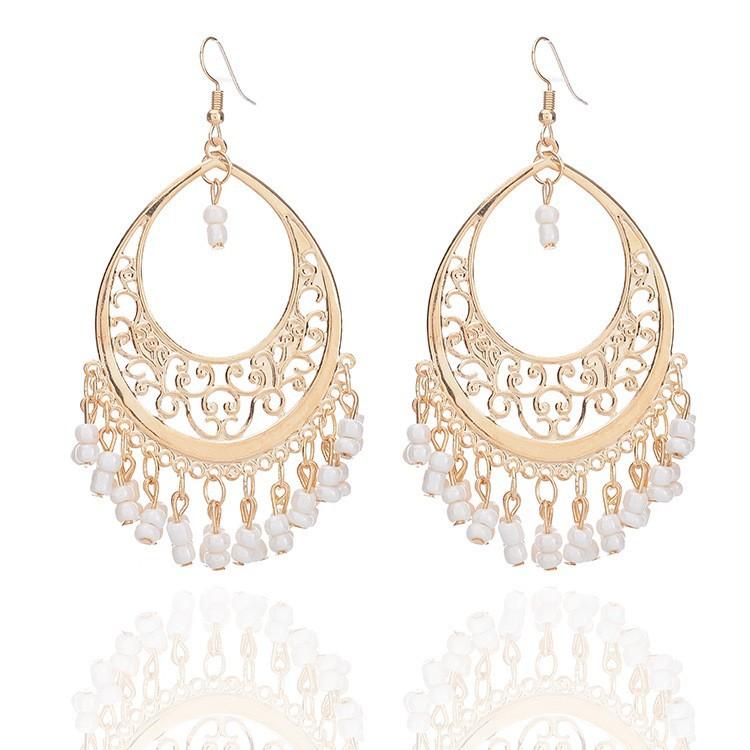 Fashion Retro Celebrity Temperament, Hollow Water Drop Rice Bead Fringed Earrings, Chain Fringed Earrings E92